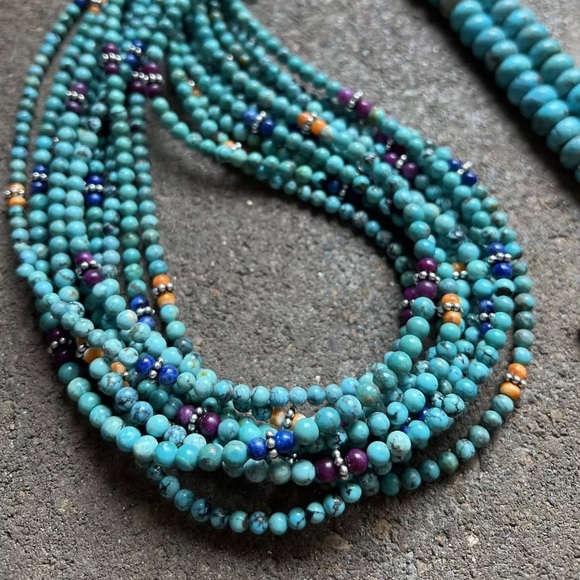 Sterling Silver Multi Strand Multi Stone Turquoise Bead Necklace. 30 inch - Picture 3 of 12